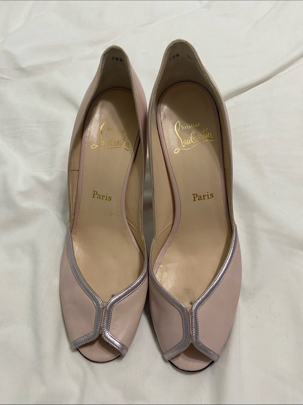 Christian Louboutin Blush Pink Leather Peep-Toe Pumps with Silver Trim